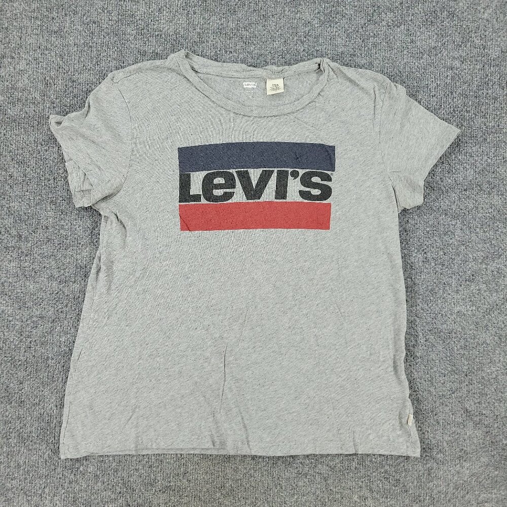 Levi's Shirt Women's Medium Gray Spell Out Graphic Tee Short Sleeve Top Adult M